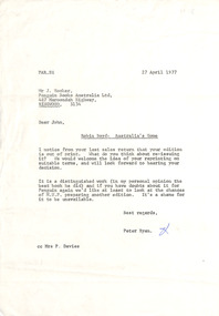 Letter, Peter Ryan, Melbourne University Press to Penguin, 27.04.1977