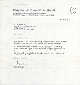 Letter, John Hooker, Penguin to Melbourne University Press, 13.05.1977