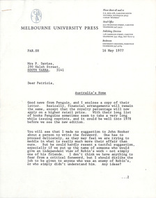 Letter, Peter Ryan, Melbourne University Press to Patricia Davies, 16.05.1977