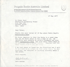 Letter, John Hooker, Penguin to Melbourne University Press, 27.05.1977