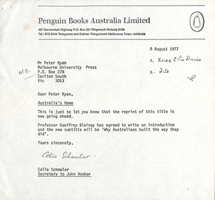 Letter, Celia Schmaler, Penguin to Melbourne University Press, 08.08.1977