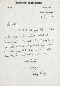 Letter, Geoffrey Blainey, Geoffrey Blainey to Patricia Davies, 04.09.1977