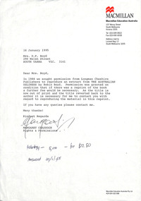 Letter, Margaret Craddock, Macmillan Publishers to Patricia Boyd, 16.01.1995
