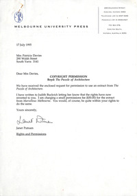 Letter, Janet Putnam, Melbourne University Press to Patricia Davies, 17.07.1995