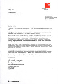 Letter, Gerard Hayes, State Library of Victoria to Patricia Davies, 01.04.1997
