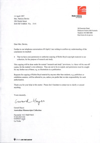 Letter, Gerard Hayes, State Library of Victoria to Patricia Davies, 14.04.1997