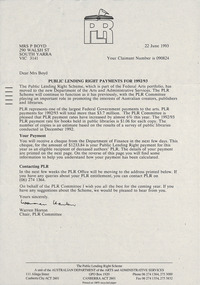 Letter, Warren Horton, Public Lending Right to Patricia Davies, 22.06.1993
