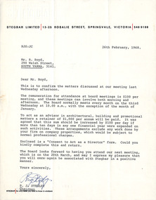 Letter, Brian Stegley, Brian Stegley (Stegbar) to Robin Boyd, 26.02.1968