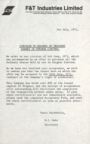 Document, F&T Industries, Circular to Shareholders, 05.07.1971