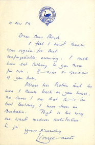 Letter, Linore (?), Linore (?) to Patricia Boyd, 11.11.1959