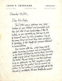 Letter, John P Eberhard, John P Eberhard to Robin Boyd, 28.12.1960