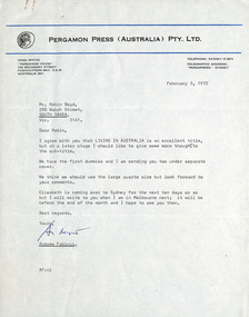 Letter, Andrew Fabinyi, Andrew Fabinyi (Pergamon Press) to Robin Boyd, 02.05.1970