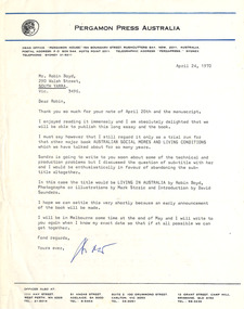 Letter, Andrew Fabinyi, Andrew Fabinyi (Pergamon Press) to Robin Boyd, 24.04.70