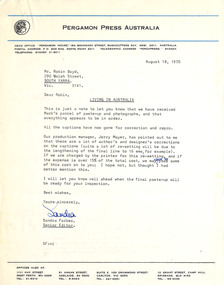 Letter, Sandra Forbes, Sandra Forbes (Pergamon Press) to Robin Boyd, 18.08.1970