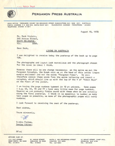 Letter, Sandra Forbes, Sandra Forbes (Pergamon Press) to Mark Strizic, 18.08.1970