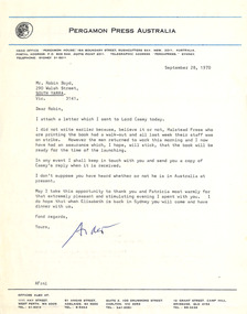 Letter, Andrew Fabinyi, Andrew Fabinyi (Pergamon Press) to Robin Boyd, 28.09.1970
