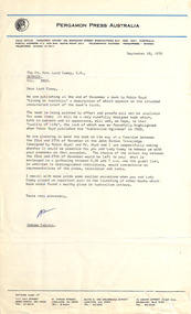 Letter, Andrew Fabinyi, Andrew Fabinyi (Pergamon Press) to Lord Casey, 28.09.1970