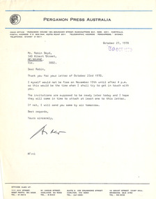 Letter, Andrew Fabinyi, Andrew Fabinyi (Pergamon Press) to Robin Boyd, 28.09.1970