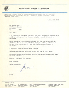 Letter, Andrew Fabinyi, Andrew Fabinyi (Pergamon Press) to Robin Boyd, 27.10.1970