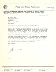 Letter, Andrew Fabinyi, Andrew Fabinyi (Pergamon Press) to Robin Boyd, 30.10.1970