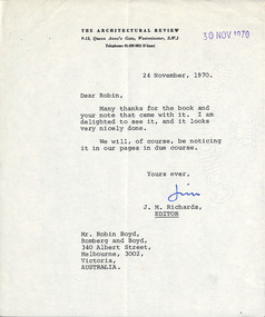 Letter, J M Richard, J M Richards to Robin Boyd, 24.11.1970