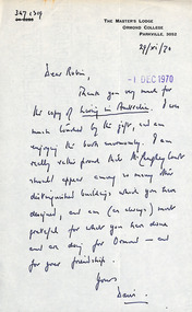 Letter, Davis McCaughey, Davis McCaughey to Robin Boyd, 29.11.1970