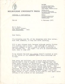 Letter, Peter Ryan, Peter Ryan (Melb Uni Press) to Robin Boyd, 08.02.1971