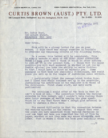 Letter, Peter Grose, Peter Grose (Curtis Brown) to Robin Boyd, 16.04.1971