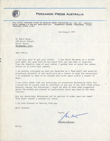 Letter, Andrew Fabinyi, Andrew Fabinyi (Pergamon Press) to Robin Boyd, 02.08.1971
