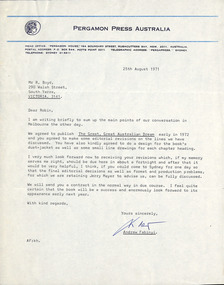 Letter, Andrew Fabinyi (Pergamon Press) to Robin Boyd, 25.08.1971