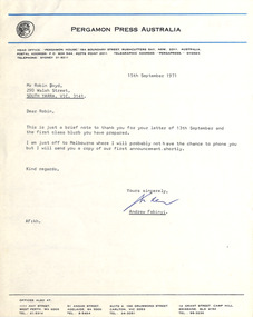Letter, Andrew Fabinyi, Andrew Fabinyi (Pergamon Press) to Robin Boyd, 15.09.1971