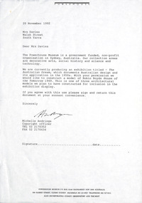 Letter, Michelle Andringa, Powerhouse Museum to Patricia Davies, 20.11.1992