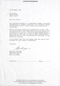 Letter, Michelle Andringa, Powerhouse Museum to Patricia Davies, 20.11.1992
