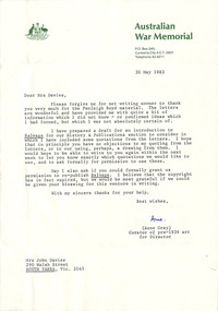 Letter, Australian War Memorial, Australian War Memorial to Patricia Boyd, 30.05.1983