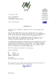 Letter, Heritage 200 Program and Application to Patricia Boyd-Davies, 12.08.1987