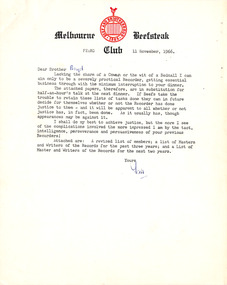 Letter, The Melbourne Beefsteak Club, The Melbourne Beefsteak Club to Robin Boyd, 11.11.1966