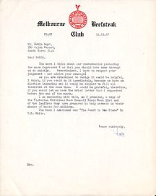 Letter, The Melbourne Beefsteak Club, The Melbourne Beefsteak Club to Robin Boyd, 14.11.1967