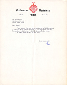 Letter, The Melbourne Beefsteak Club, The Melbourne Beefsteak Club to Robin Boyd, 20.11.1967