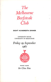 Document, The Melbourne Beefsteak Club, Eight Hundredth Dinner Invitation, 1967