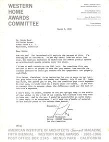 Letter, Editor, Proctor Mellquist (Sunset Magazine) to Robin Boyd, 03.03.1965