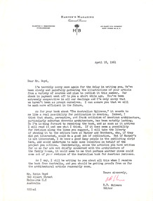 Letter, Harper's Magazine, RB Silvers (Harper's magazine) to Robin Boyd, 18.04.1961