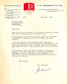 Letter, F.W. Cheshire Pty Ltd, A Fabinyi (F W Cheshire) to Robin Boyd, 26.04.1965