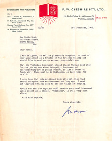 Letter, F.W. Cheshire Pty Ltd, A Fabinyi (F W Cheshire) to Robin Boyd, 16.02.1965