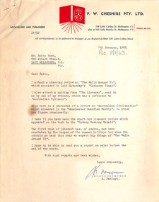 Letter, F.W. Cheshire Pty Ltd, A Fabinyi (F W Cheshire) to Robin Boyd, 07.01.1963
