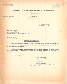 Letter, Australian Broadcasting Commission, Betty Parsons (ABC) to Robin Boyd, 21.04.1964