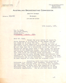 Letter, Australian Broadcasting Commission, John Worrall (ABC) to Robin Boyd, 12.08.1964