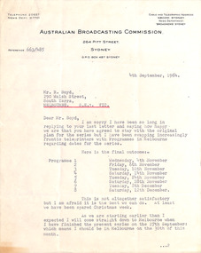 Letter, Australian Broadcasting Commission, John Worrall (ABC) to Robin Boyd, 04.09.1964