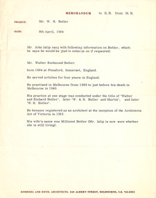Document - Memorandum, M B (Romberg and Boyd) to Robin Boyd, 08.04.1960