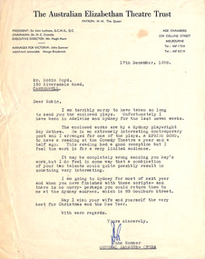 Letter, The Australian Elizabethan Trust, John Sumner to Robin Boyd, 17.12.1958
