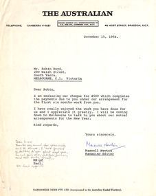 Letter, The Australian, Maxwell Newton (The Australian) to Robin Boyd, 15.12.1964